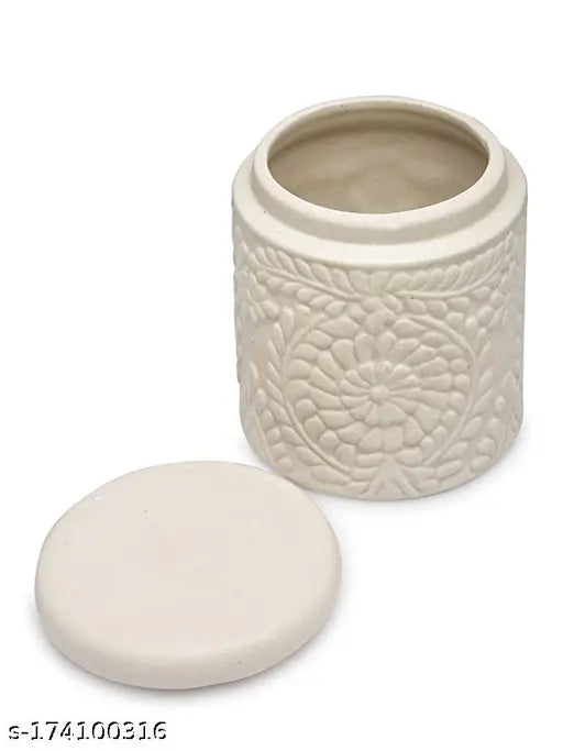 Handcrafted ceramic jar, handpainted, multi-purpose storage jar with lid, for kitchen use like pickles or cookies, ceramic canister with burni, pack of 2, off white and green