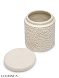 Handcrafted ceramic jar, handpainted, multi-purpose storage jar with lid, for kitchen use like pickles or cookies, ceramic canister with burni, pack of 2, off white and green