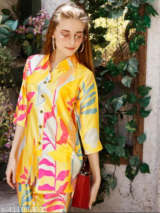 Light mustard premium satin lounge wear co-ord set for women, digital printed heavy satin with full inner, India origin