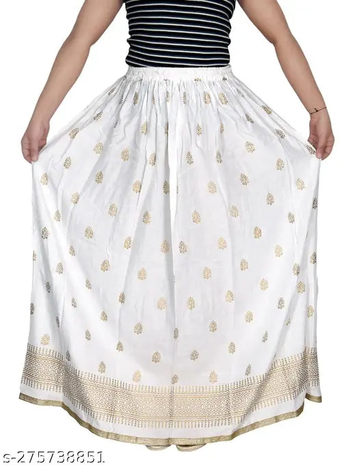 White chiffon skirt with gold embroidery and gold trim