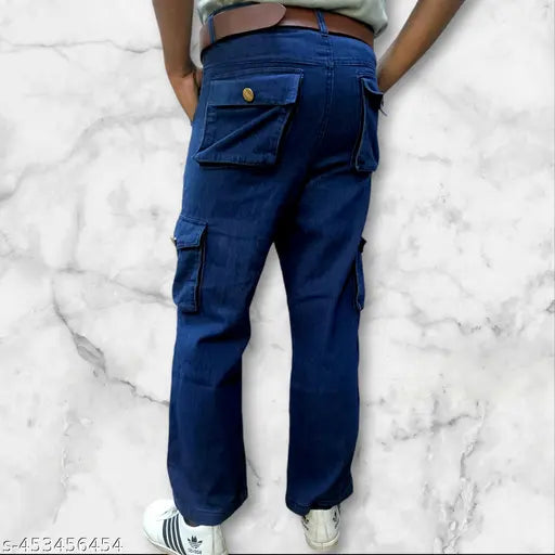 Men's denim baggy cargo jeans, blue wash, brown belt loops, zip closure