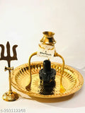 Black marble Shiva lingam with brass trishul and plate for temple worship, Shivalingam idol on stand with Swastik symbol