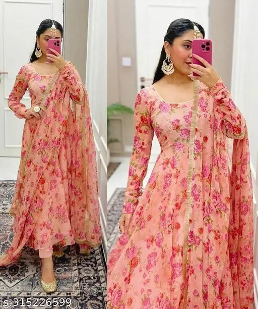 Peach Georgette dupatta set with long sleeves, printed pattern, from Alakh Fashions. Sizes: M, L, XL, XXL. Made in India