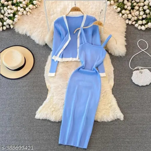Sky blue Lycra casual dress with shrug pattern and sleeveless design, featuring a straight hemline and button closure, in a slim fit and knee length style