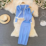 Sky blue Lycra casual dress with shrug pattern and sleeveless design, featuring a straight hemline and button closure, in a slim fit and knee length style