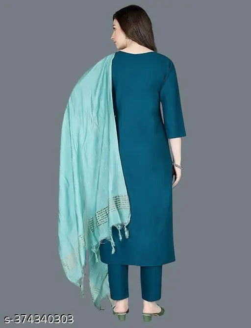 Dark blue embroidered cotton kurti pant and dupatta set, soft and vibrant print, traditional wear