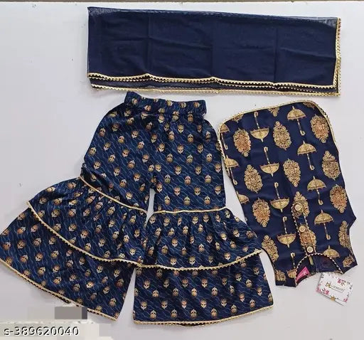 Grey rayon sharara set with umbrella design & dupatta (girls), soft, breathable, whimsical, festive outfit for kids