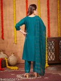 Dark green embroidered salwar suit set for girls (A-line top, trousers), sequin thread embellishments, AARIKA contemporary fashion, size options available