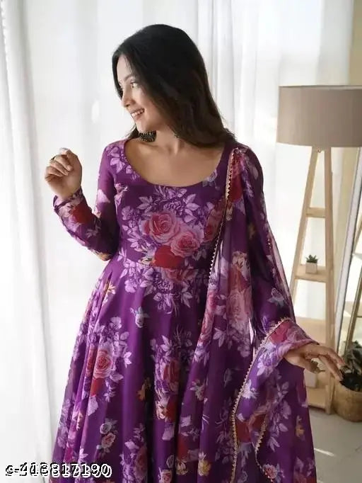 Georgette Floral Printed Heroic Party Wedding Gown with Matching Dupatta (India), long-sleeved, digital print on length 54 inches, available in sizes S-XXXL