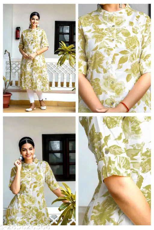 Cotton blend printed straight kurta in digital flower design. Women's size S-XL, available in various colors