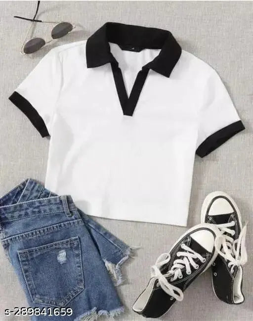 Trendy women's cotton blend western t-shirt, stretchable, solid color, short sleeves - casual wear S (Bust 30in, Length 15in), M (Bust 32in, Length 15in), L (Bust 34in, Length 15in)