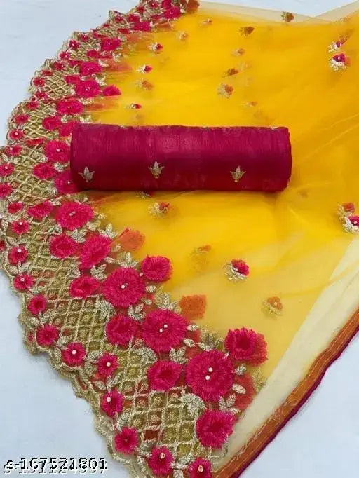 Embroidered net Brahmastra saree with separate silk blouse, Indian new collection