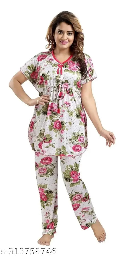 Pink satin kaftan nightsuit with cord set, stylish printed dailywear pyjama set for women (M/L/XL/Free Size)