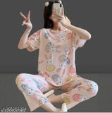 Printed cotton blend pyjamas set for women, stylish nightwear with short sleeves and printed pattern