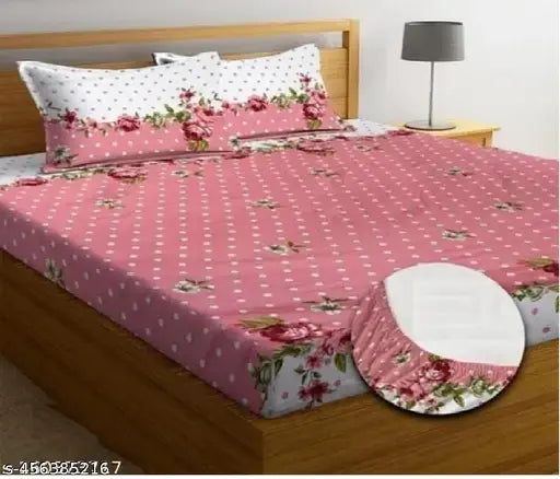 Glace cotton floral elastic double queen bedsheet with 2 pillow covers, superfine quality for AC rooms