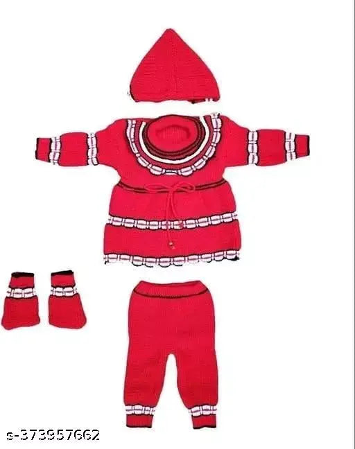 Red wool Firok baby sweater and pajama set, printed net pattern. Easily cleanable winter wear for babies in sizes ranging from 0-1 years. Made in India