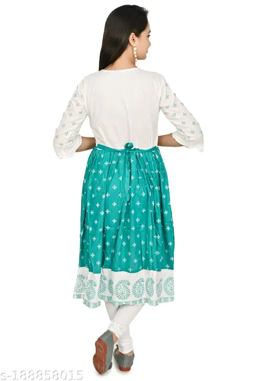 Rayon printed girls' kurti sharara set in Sea green & Pink, ideal for festivals and everyday wear. Premium quality cotton, calf-length with three-quarter sleeves