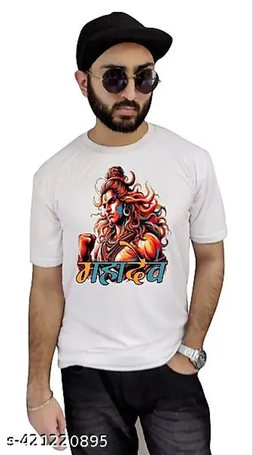 White polyester sports t-shirt with Shiv Mahakal sublimation printing, round neck and short sleeves. High quality printing on both sides, perfect for sports activities. Made in India