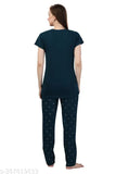 Teal hosiery nightsuit: printed half-sleeve T-shirt & pyjama pants, relaxed fit for sleepwear & loungewear