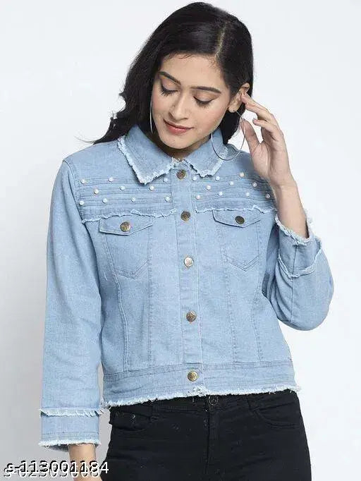 Denim self-design net waistcoat for women, three-quarter sleeves, classy fashionable jacket from India