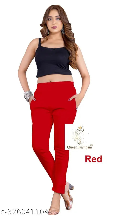 White cotton stretch trousers in red solid pattern, available in sizes S to XXL