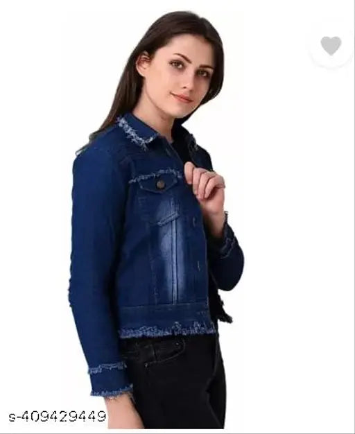 Dark blue denim teen Patti jacket, solid pattern, long sleeves, trendy fashion for women