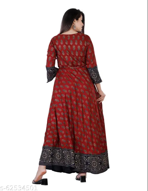 Rayon gold printed anarkali kurta with mirror work, three-quarter sleeves, vibrant Indian fashion on model