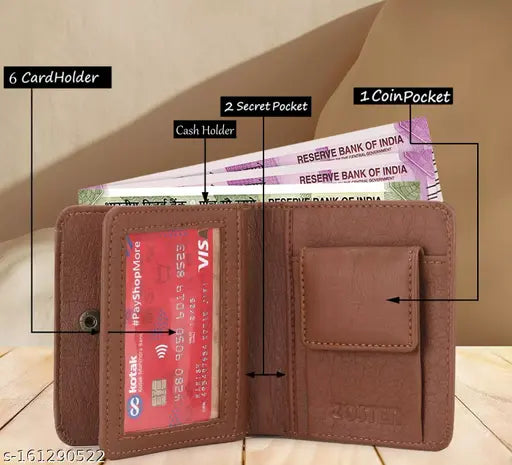 Tan faux leather ZOSTER wallet, features 2 compartments for personal items & IDs, modern design with stitching detail, made in India
