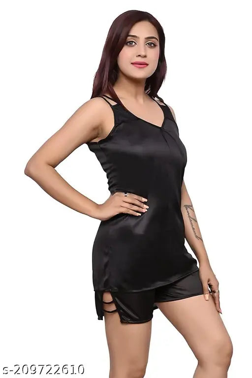 Black satin sleepwear set: Women's solid night suit top & shorts, perfect for lounge wear & bedroom