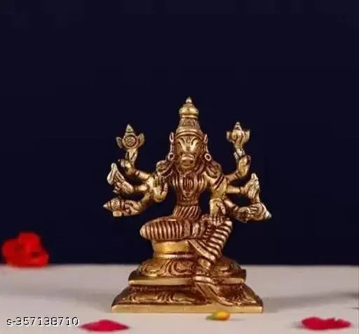 Small brass statue of Lord Vishnu's Varaga Avatar as Varahi Amman, with eight hands holding a conch, discus, mace, lotus flower, and a serpent