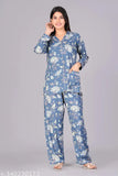 Women's rayon slub night suit set with printed net pattern, featuring three-quarter sleeves and matching bottoms in two sizes (M & L)