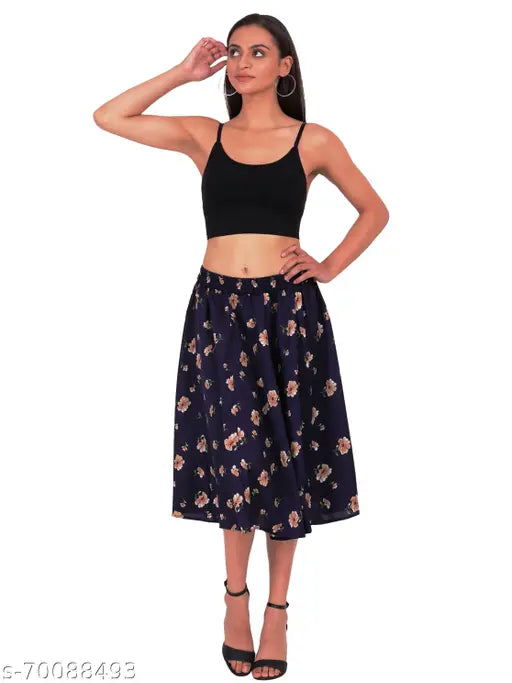 Navy blue midi skirt with floral print, women's, polyester