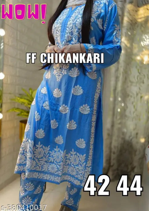 Rayon chikankari embroidered kurta with plazzo and dupatta, three-quarter sleeves, India origin