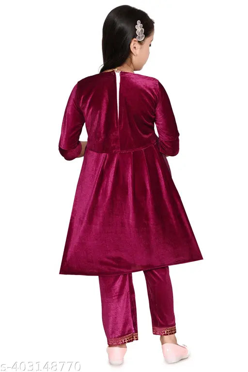 Modern velvet A-line kid's top & pyjama set with embroidered sleeves, 5-6 years, India origin