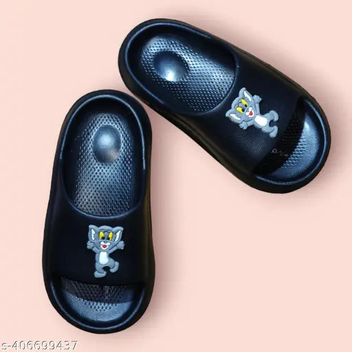 Black colored Tom and Jerry cartoon character flip flops for kids - Pu sole, vibrant design, promoting healthy foot development