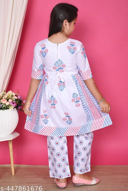 White rayon kids' printed kurti plazzo set, three-quarter sleeves, 18-24 Months to 14-15 Years, India origin