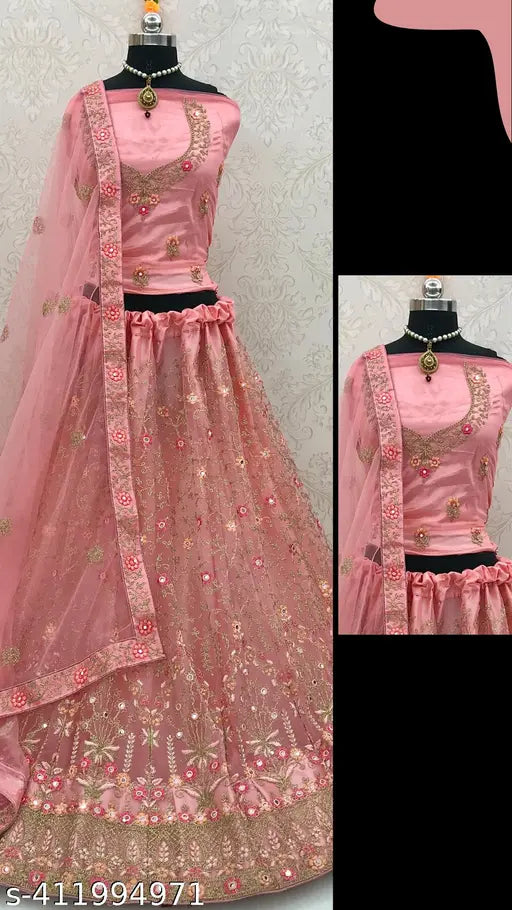 Embroidered net lehenga-choli set, free size with 42in waist and 43in length, Indian origin