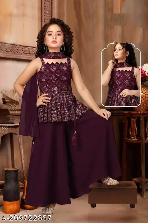 Georgette Kurta Plazzo set, embellished sleeveless Indian ethnic wear for toddlers aged 3-4 years