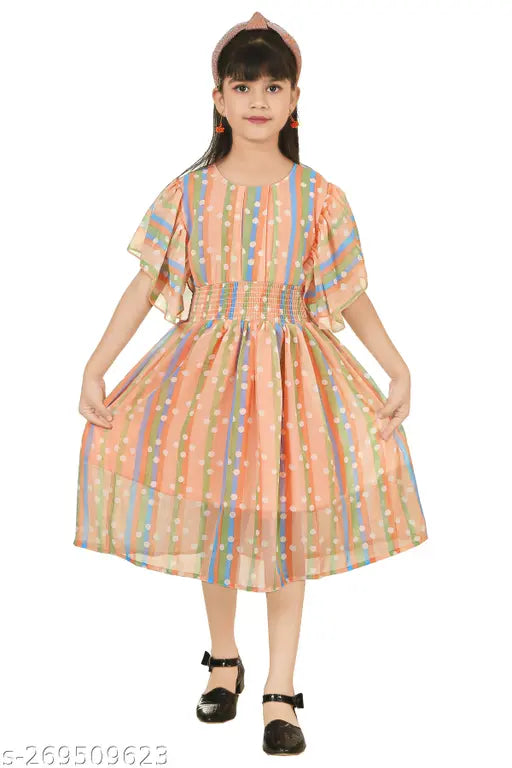 Orange and blue striped cotton dress, short sleeves, button front, knee length