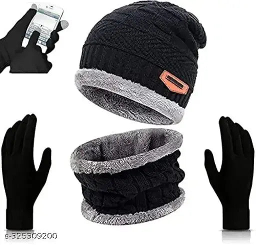 Woolen men's & women's beanie cap with touch screen winter gloves - solid pattern, warm knit hat & loop scarf set, India origin