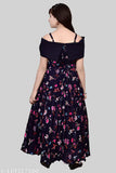 Black long dress, sleeveless, flared skirt, floral pattern
