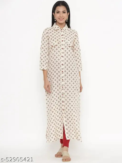 Offwhite cotton A-line kurti by Kipek, featuring three-quarter sleeves and intricate print design. Indian ethnic wear for women in soft color