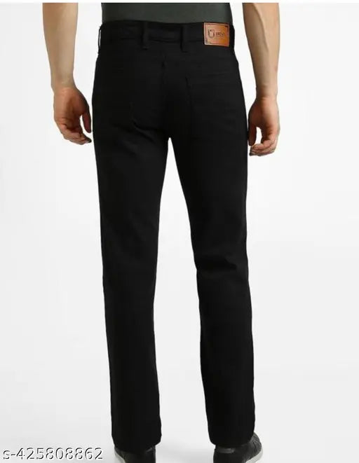 Stylish black denim jeans for men, premium cotton blend with stretch fabric, machine washable, mid-rise and full length, suitable for casual and evening wear
