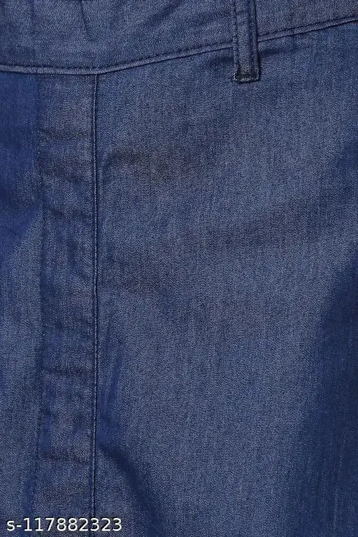 Blue denim women's long skirt, casual western style. Ideal for all seasons and sizes. A-line design, comfortable wear, flattering length of 34 inches