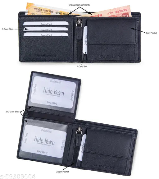 Solid leather men's bi-fold wallet, Hide Horn brand, RFID protected, 2 compartments, 3 card slots, India origin