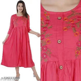 Jaipuri embroidered rayon anarkali kurtis with flared silhouette and three-quarter sleeves, vibrant Indian fashion on a mannequin