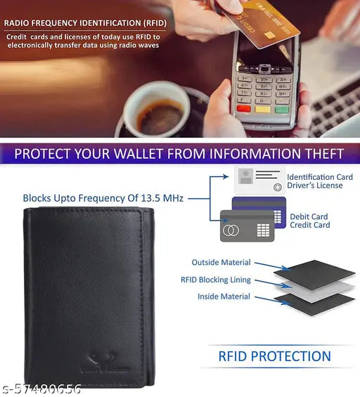 Urban leather men's solid genuine tri-fold wallet, RFID blocking, durable leather accessory for everyday carry