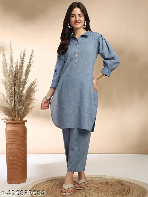 Women's Breathable Cotton Checkered Kurta with Pant Co-ords Set - Black & White, 3/4 Sleeve Balloon Type Collar Neck, S to XXL sizes for ethnic wardrobe revamp