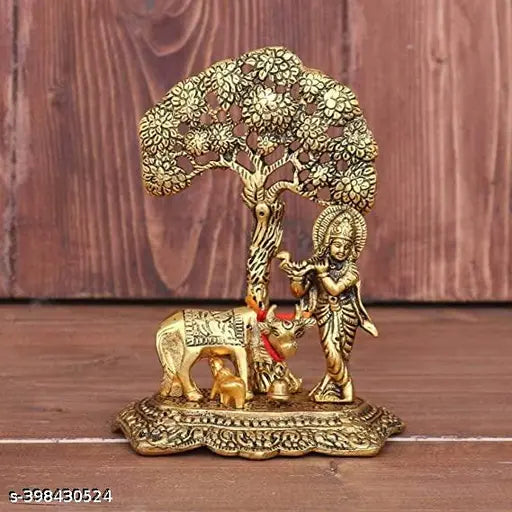 Gold-plated Krishna playing flute statue Murti with Kamdhenu cow under tree, Indian handmade metal art for home or office decor, 15 cm height