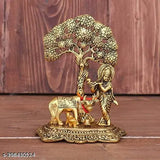 Gold-plated Krishna playing flute statue Murti with Kamdhenu cow under tree, Indian handmade metal art for home or office decor, 15 cm height